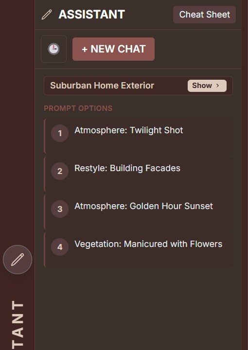 Design Assistant showing numbered Prompt Options for a suburban home exterior