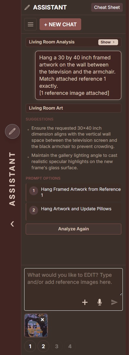Assistant showing the hang-artwork request, two Prompt Options, and the Peter Mars reference in the composer slot