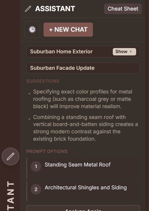 Design Assistant showing Prompt Options including Standing Seam Metal Roof