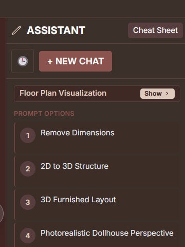 Design Assistant showing numbered Prompt Options for floor plans