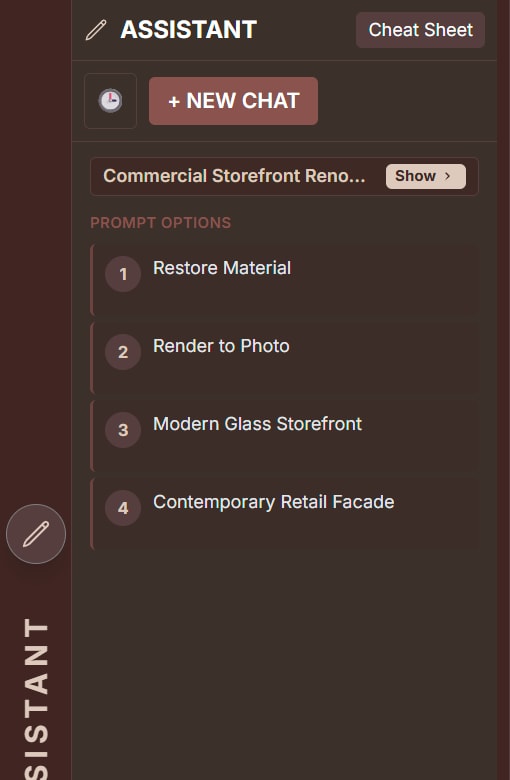 Design Assistant showing numbered Prompt Options for a commercial storefront