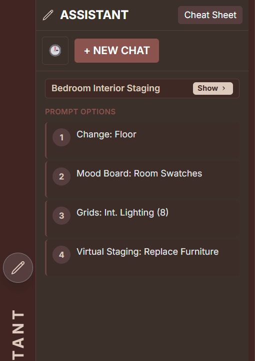 Design Assistant showing numbered Prompt Options for bedroom interior staging